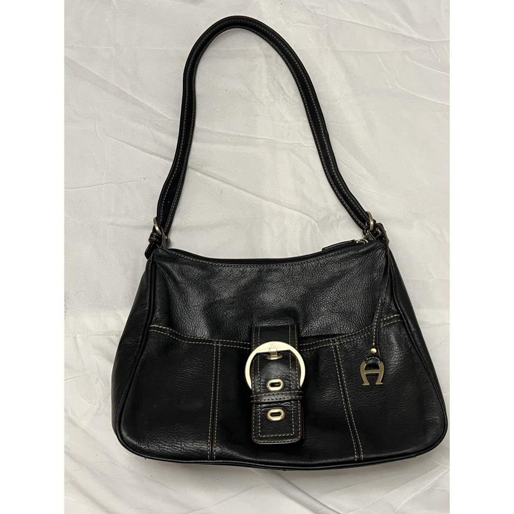Etienne Aigner Black Leather Shoulder Bag Hobo Purse Buckle Y2K Vintage